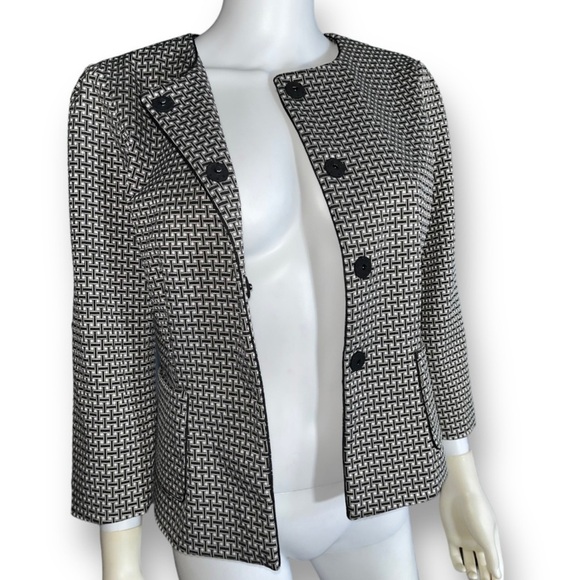 ANN TAYLOR Basket Weave Print Collarless Blazer Snap Button Jacket Black S - Picture 2 of 9